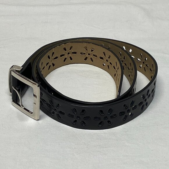 Faux Leather Daisy Cut Out Black Belt 2X Silver Metallic Buckle Boho Western - Picture 3 of 8